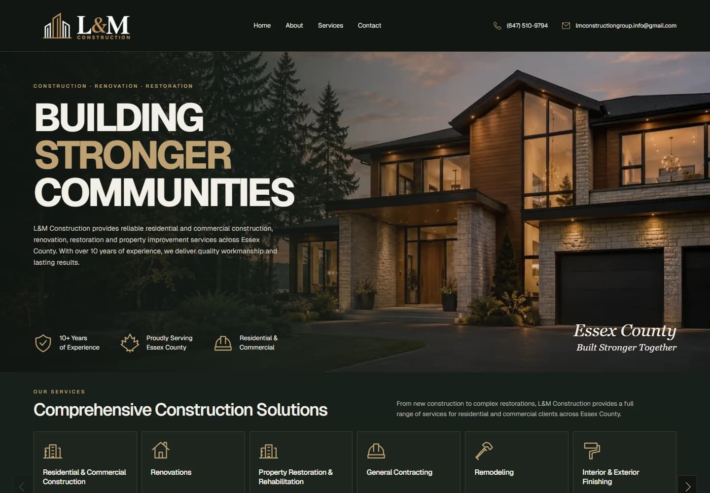 L&M Construction website featuring a modern house in Ontario