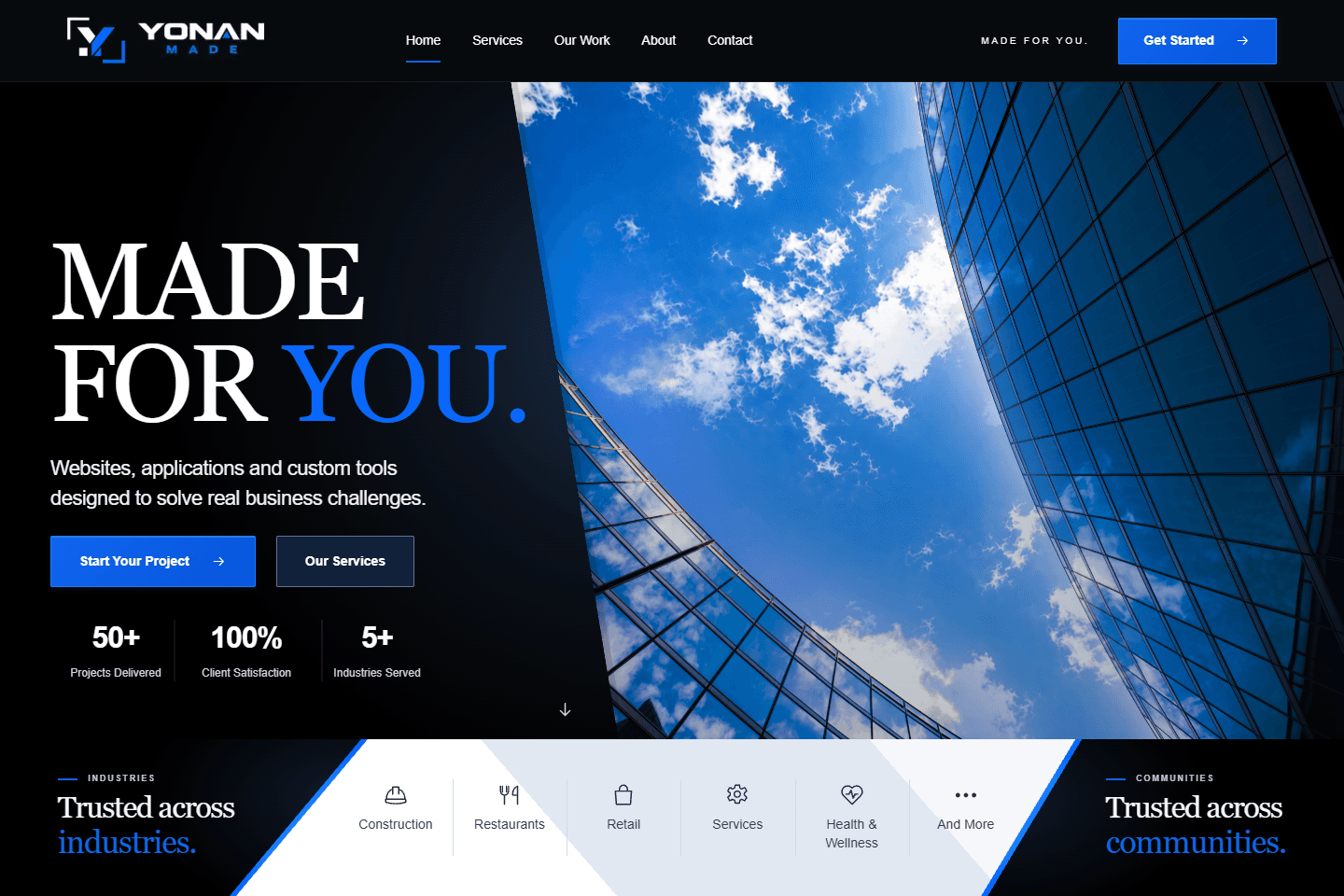 Yonan Made homepage with its Made for You headline and glass architecture